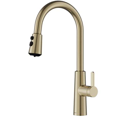 Karran Elmsworth Commercial Style Pull-Down Kitchen Faucet with Dual Interchangeable Spray Heads 5-Function Revolve MAX & 3-Function Revolve Mini Aerator High-Arc Spout (Spot Free Champagne Bronze) - color: Spot Free Champagne Bronze