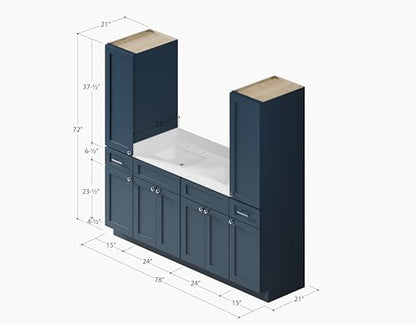DISAR 78" Double Sink Bathroom Vanity with Dual Linen Storage Towers, Carrara Quartz Top and Ceramic Sinks, Solid Wood Frame, 4 Piece Design, 78" x 22" x 72" (Navy Blue) - color: Navy Blue