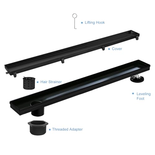 32 Inch Offset Linear Shower Drain,Black 304 Stainless Steel Brush | Offset Side Outlet,Easy to install,Tile-In Grate,Hair Catcher,Leveling Feet,Complete Install Kit, Removable Grate Cover - color: Black, size: 32 inch