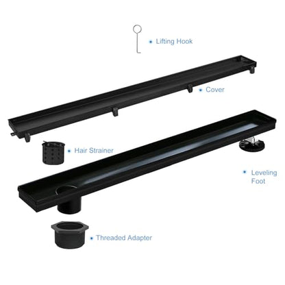 24 Inch Offset Linear Shower Drain,Black 304 Stainless Steel Brush | Offset Side Outlet,Easy to install,Tile-In Grate,Hair Catcher,Leveling Feet,Complete Install Kit, Removable Grate Cover - color: Black, size: 24 inch