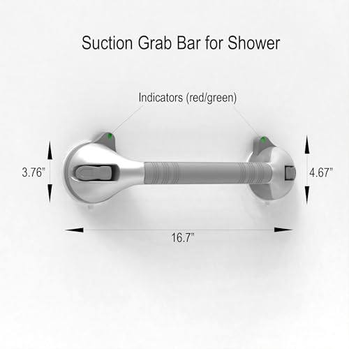 17“ Suction Shower Grab Bar with Indicators, Tool-Free Installation, Steady Handle for Balance Assist for Bathtub, Toilet, Bathroom, Dual Tone, Silver/Gray 2-Pack - size: 17in, Pack of 2
