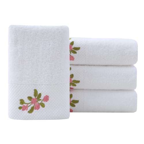 Pidada Hand Towels Set of 4 Embroidered Floral Pattern 100% Cotton Absorbent Soft Decorative Towel for Bathroom (White Pattern 3) - color: 4 White Pattern 3