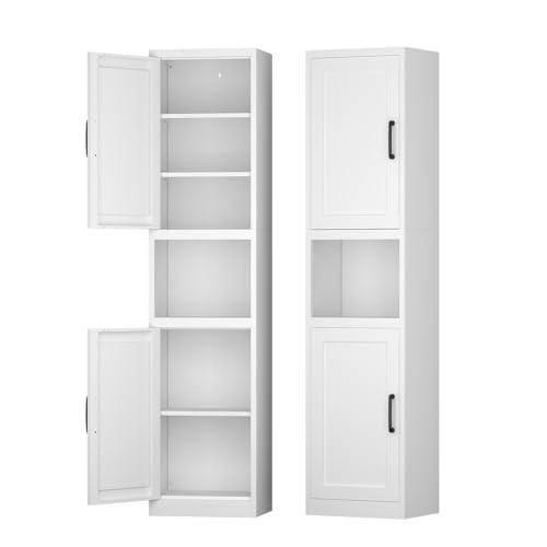 67" Tall Slim Pantry Cabinet, Narrow Bathroom Storage Cabinet | Metal Skinny Cabinet with Door and Adjustable Shelves, for Small Spaces, Kitchen, Bathroom, Laundry Room, Living Room, White - color: White, size: 67H