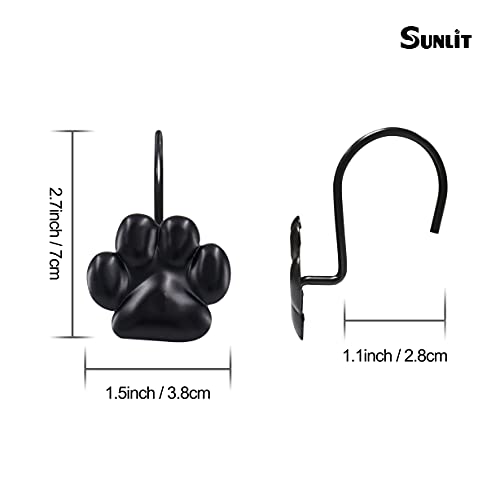 Sunlit Fashion Design Cute Paw Print Polished Shower Curtain Hooks for Dog Cat and Bear, Rust Proof Oil Metal Shower Curtain Rings, Black-12 Pack - color: Black