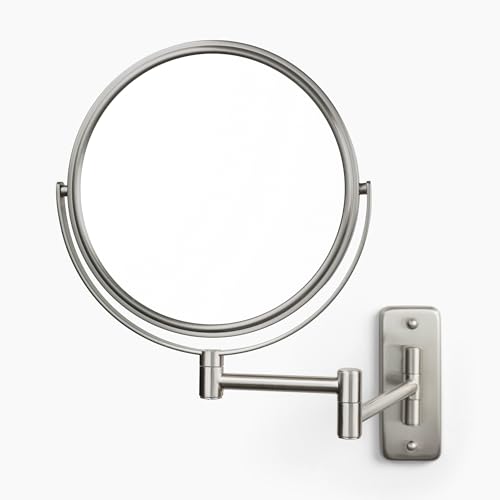 JERDON Wall-Mounted Makeup Mirror - 5X Magnification - Nickel - JP7506N | 8" Round Frame, 13.5" Wall Extension Arm - color: Nickel, size: 5X Magnification