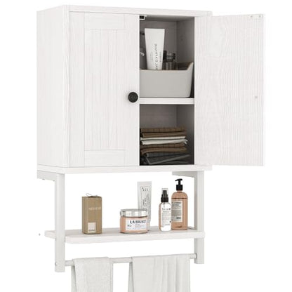 Homeiju Small Farmhouse Style Rustic Medicine Cabinet with Two Barn Doors, Wooden Wall Mounted Storage Cabinet with Shelf and Towel Bar for Bathroom, Living Room, Kitchen, White - size: 25.2'' H