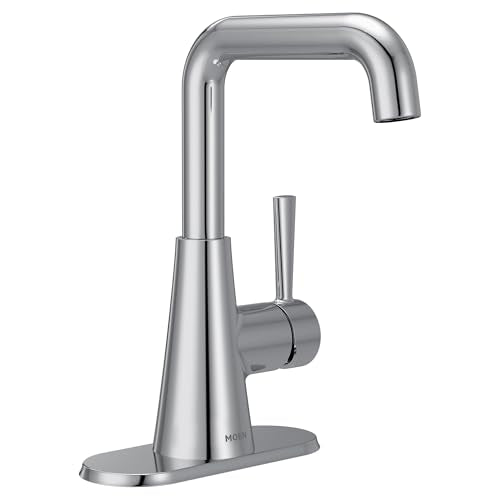 Moen Ronan Chrome Double Bend Single Hole Modern Bathroom Sink Faucet with Optional Deckplate and Spring Loaded Drain Assembly, 84024 - color: Chrome, style: Single Handle