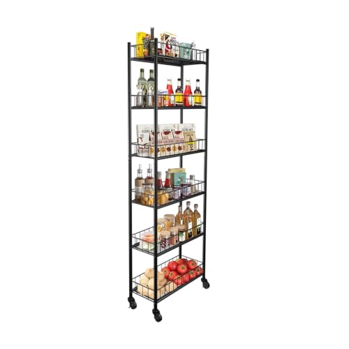 Utility Slim Storage Cart 6 Tier Narrow Metal Frame Carts | 6 Tier Narrow Kitchen Storage Cart,Laundry Room Carts, for Kitchen,DiningRoom,Living Room,Home Office,Classic Black - color: Black