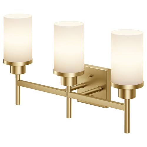 Bathrom Light Fixtures Modern Gold 3 Vanity Lights Over Mirror, Wall Lamps with White Frosted Glass Shade for Toilet Washroom Bath T001GD-L3 - color: Brushed Gold, size: 3-Light