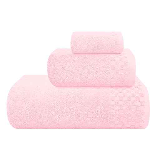 MyOwn Ultra Soft 3 Pack Cotton Towel Set, Contains a Bath Towels 28x55 inch, a Hand Towels 16x24 inch & a Wash Coths 12x12 inch, Ideal Everyday use, Compact & Lightweight - Pink - color: Pink, size: 3 Pack Set