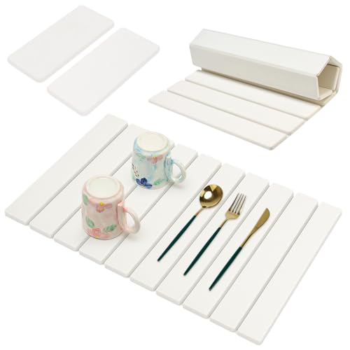 3 Pcs Large Stone Dish Drying Mat Kitchen Sink Counter Diatomite Dish Pad | Diatomaceous Earth Mats for Kitchen Countertop Quick Fast Drying Stone Mat Absorbent Tray Dry Matt Soap Dishes Drainer Mat - color: White