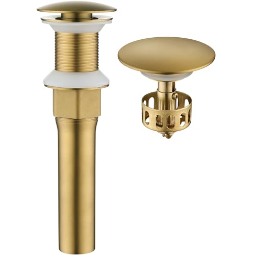 KAIYING Pop Up Drain Without Overflow, Bathroom Vessel Sink Drain | NO Overflow, Detachable Basket Drain Stopper Assembly, Anti-Clogging & Anti-Explosion Drain Strainer, Brushed Brass - color: Brushed Brass, style: NO Overflow