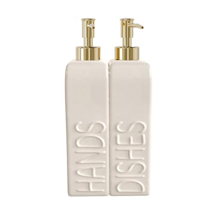 Soap Dispenser Set with Gold Stainless Steel Pump and a Funnel, 2 Pack Modern Ceramic Refillable Hand and Dish Soap Dispenser for Kitchen, Bathroom, Matte White - color: White & Gold