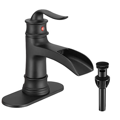 Waterfall Faucet Bathroom Faucet Single Handle One Hole Matte Black Finish Large Spout Lavatory Faucets (Matte Black) - color: Standard - Matte Black - Single