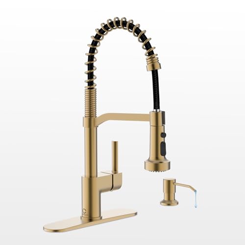 Gold Kitchen Faucet Soap Dispenser, Faucet for Kitchen Sink, Kitchen Sink Faucet with Deck Plate, RV Kitchen Faucet with Pull Down Sprayer and Dual Function Spray Head - color: C-Brushed Gold, style: Classic