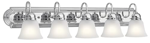 Kichler 5-Light Bathroom Vanity Light Fixture, 36" Traditional Design with Satin Etched Glass Shades in Tannery Bronze for Over Mirror Lighting (36" x 8" x 8"), 5339CHS - color: Chrome, size: 36"