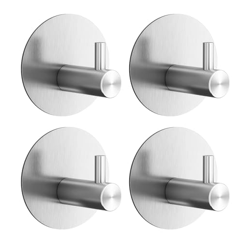 Towel Hooks for Bathroom (4 Pack) Adhesive Towel Hook Shower Hooks for Inside Shower - Sticky Bathroom Wall Hooks for Hanging Towels, Robe, Loofah, Bath Sponge - Brushed Nickel Towel Hooks - color: Silver