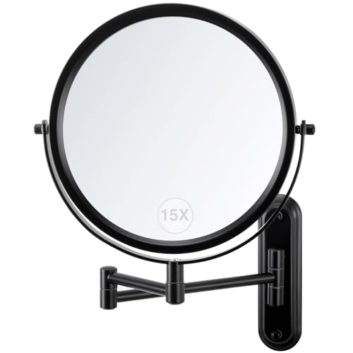 Wall Mounted Makeup Mirror | 1X/15X Magnifying Makeup Mirror with Extended Arm 360°Swivel Vanity Mirror, 8.5in Double Sided Mirror for Bathroom, No Lights - color: Black