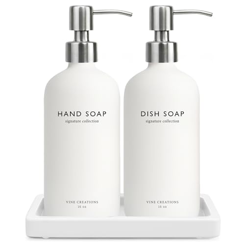 Vine Creations Glass Soap Dispenser Set, Kitchen Soap Dispenser Set with Ceramic Tray, 16 oz Dish Soap and Hand Soap Dispensers with Stainless Steel Pump Decor (White Bottle/Silver) - color: White Bottle / Silver Pump