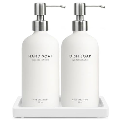 Vine Creations Glass Soap Dispenser Set, Kitchen Soap Dispenser Set with Ceramic Tray, 16 oz Dish Soap and Hand Soap Dispensers with Stainless Steel Pump Decor (White Bottle/Silver) - color: White Bottle / Silver Pump