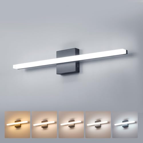 24Inch Long Vanity Light for Bathroom 5 Color Adjustable Modern, Bright 14W 1250LM Black Bath Bar Lighting Fixtures Over Mirror IP44 Rustproof Minimalist Led Wall Sconce for Powder Room - color: 5CCT-Not Dimmable, size: 24inch