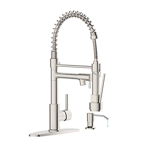 Kitchen Faucet with Soap Dispenser,Single Handle Faucet for Camper Farmhouse RV Kitchen Sink,Spring Kitchen Sink Faucets with Pull Down Sprayer and Deck Plate,Dual Function Spray Head,Brushed Nickel - color: B.Nickel Brushed, style: 1.Faucet+Soap Dispense