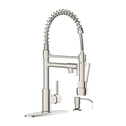 Kitchen Faucet with Soap Dispenser,Single Handle Faucet for Camper Farmhouse RV Kitchen Sink,Spring Kitchen Sink Faucets with Pull Down Sprayer and Deck Plate,Dual Function Spray Head,Brushed Nickel - color: B.Nickel Brushed, style: 1.Faucet+Soap Dispense