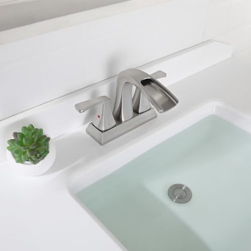 Waterfall Bathroom Sink Faucet 2 Handle Centerset, Brushed Nickel | 4 Inch Lead-Free Deck Mount Vanity Faucet with Pop Up Drain Supply Lines, for 3 Hole Lavatory Utility Sink - color: Brushed Nickel