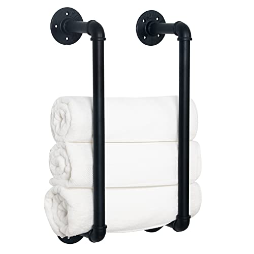 HouseAid Industrial Pipe Towel Rack, Farmhouse Bathroom Towel Storage Holder, Vintage Style Towel Organization, Wall Mounted, Matte Black - size: 16 Inch (Black)
