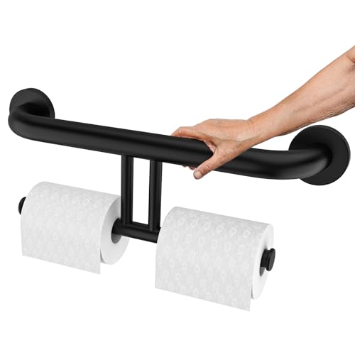 Black Handicap Grab Bar w/Toilet Paper Roll Holder, Zepolu 2-in-1 Safety Assist Bar Balanced Support Handle 17 Inch, Stainless Steel Wall Mounted Bathroom Toilet Grab Bar for Senior Elderly Disabled - color: paper holder - black, size: 17 inch