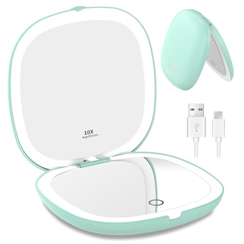 WOBSION 1x/10x Rechargeable Lighted Travel Makeup Mirror | Compact Magnifying Mirror with Lights, Portable for Bag, 4inch, Gift, Cyan - color: Cyan