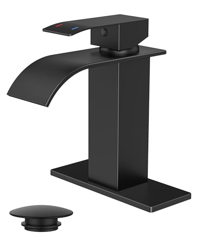 FORIOUS Bathroom Faucet 1 Hole, Waterfall Vanity Sink Faucet Matte Black | Bathroom Sink Faucet 1 or 3 Hole, Square Single Handle with 24" cUPC Supply Line and Pop-up Drain, Fits RV Restroom Basin - color: Matte Black