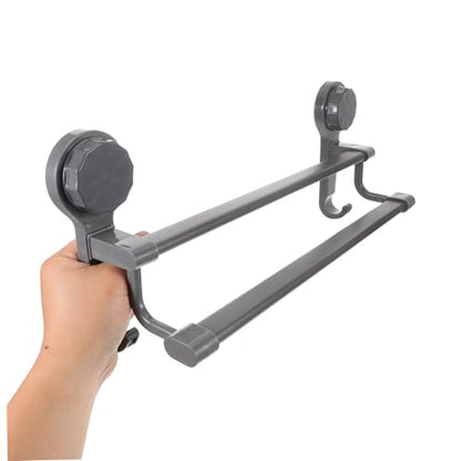 Double Towel Bar No Drill Suction Cup Bathroom Towel Rack with Dual Rods and Hook Space-Saving Wall Mounted Holder for Glass Tile Kitchen and Bath Accessories