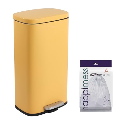 happimess Curtis 8 Gal Step Trash Can Soft Close 25", Daffodil Yellow | Iron Construction, Satin Finish, Removable Liner, Steel Pedal, 20 Trash Bags Included, Kitchen Office Bin - color: Daffodil Yellow