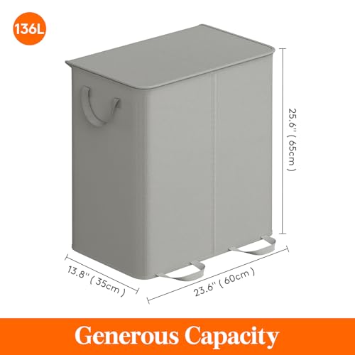 Lifewit Double Laundry Hamper with Lid and Removable Laundry Bags, Large Collapsible 2 Dividers Dirty Clothes Basket with Handles for Bedroom Laundry Room Closet Bathroom College, 136L Silver Gray - color: Silver Gray, size: 136L