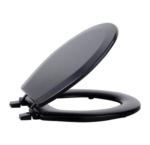 PowerSellerUSA Round Toilet Seat, Adjustable Hinges Wood Toilet Seats with Non Slip Grip Tight Bumpers, Standard Heavy Duty Wooden Bathroom Toilet Seat Close Lid Set, Black - color: Black - Wood, size: 17" Standard