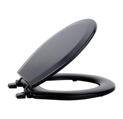 PowerSellerUSA Round Toilet Seat, Adjustable Hinges Wood Toilet Seats with Non Slip Grip Tight Bumpers, Standard Heavy Duty Wooden Bathroom Toilet Seat Close Lid Set, Black - color: Black - Wood, size: 17" Standard