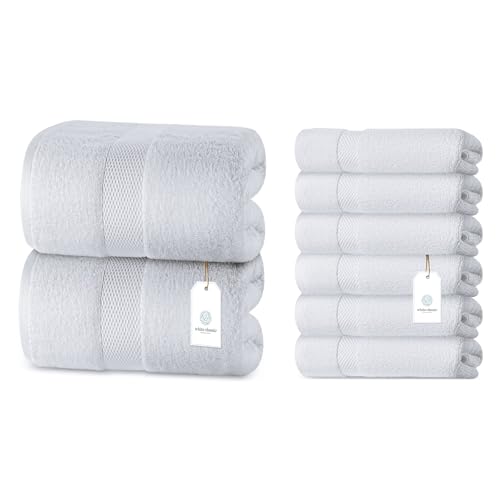 White Classic 2 Luxury White Bath Sheet Towels 35 x 70 and 6 Luxury White Hand Towels 16 x 30 | Cotton, Highly Absorbent and Quick Dry for Hotels, Spa and Bathroom