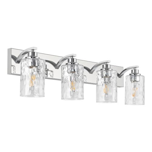 4-Light Bathroom Light Fixtures Modern Chrome Vanity Lights | Easy to Install Clear Hammered Glass Shades, Rippled Glow, Wall Mount Up or Down, E26 Socket, Hardwired, 120V - color: Chrome Hammer, size: 4 Lights