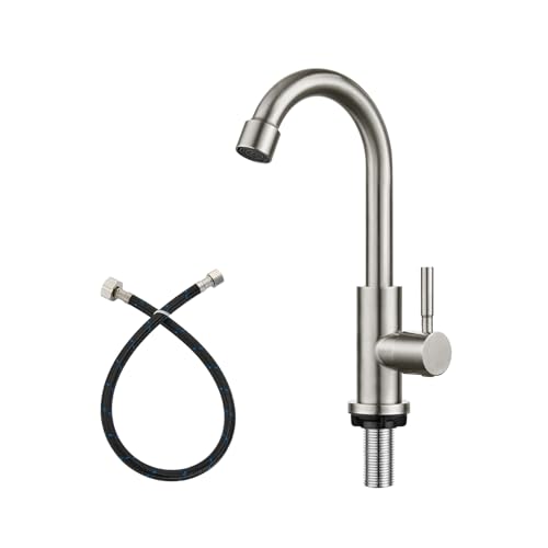 Heyalan SUS304 Cold Water Bar Sink Faucet, Single Handle, Brushed Nickel | SUS304 stainless steel, high-arc gooseneck, single-hole deck mount, 24-inch supply hose, 2.5-inch shank, 1.8 GPM - color: Brushed Nickel