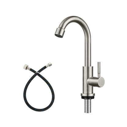 Heyalan SUS304 Cold Water Bar Sink Faucet, Single Handle, Brushed Nickel | SUS304 stainless steel, high-arc gooseneck, single-hole deck mount, 24-inch supply hose, 2.5-inch shank, 1.8 GPM - color: Brushed Nickel