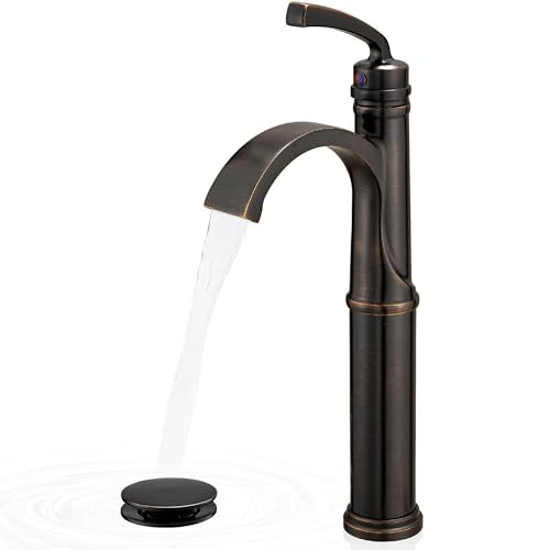 Waterfall Vessel Sink Faucet Oil Rubbed Bronze, Brass Tall Bathroom Faucet with Pop-up Drain, cUPC Supply Hoses, Single Handle for Vanity, Farmhouse, 1 Hole Vessel Sink, 5 Mins Quick Install - color: Oil Rubbed Bronze