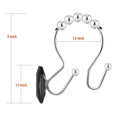 Shower Curtain Hooks Rings for Bathroom, 12PCS Double Hooks Glide Anti Rust Crystal Rhinestones Shower Curtain Rings Hangers for Shower Curtains, Clothing, Towels, etc. (Black) - color: Black