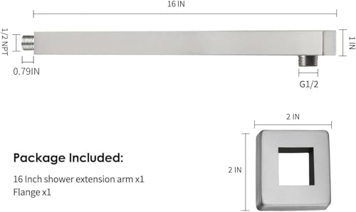 16 Inch Shower Head Extension Arm with Flange, Shower Rod, Nickel | Square Straight Rain Showerhead Extended Arms, Shower Pipe Extender Arm Replacement, Wall Mounted, SUS304 Stainless Steel - color: Nickel