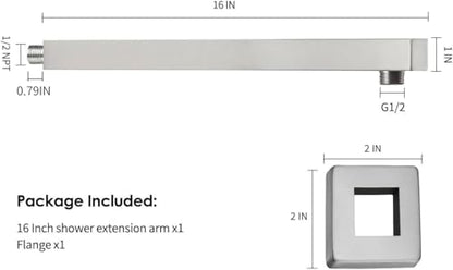 16 Inch Shower Head Extension Arm with Flange, Shower Rod, Nickel | Square Straight Rain Showerhead Extended Arms, Shower Pipe Extender Arm Replacement, Wall Mounted, SUS304 Stainless Steel - color: Nickel
