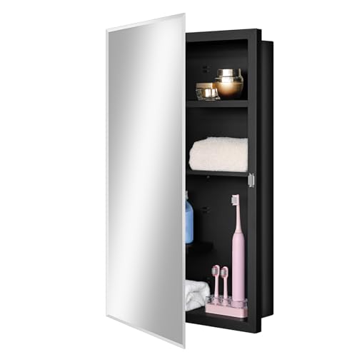 Black 16 x 26 Recessed Metal Medicine Cabinet With Mirror for Bathroom Wall | Black Bathroom Medicine Cabinet with Adjustable Staggered Shelves, Piano Hinge, Left/Right Swing & Matte Powder-Coated Finish - color: Black, size: 16 x 26