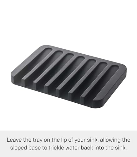 YAMAZAKI Home Flow Soap Tray - Silicone Holder Dish for Sink - Silicone | Sloped base directs water back into the sink to keep counters dry. Easy-to-clean design requires no assembly. Saves space.