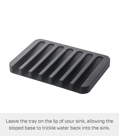YAMAZAKI Home Flow Soap Tray - Silicone Holder Dish for Sink - Silicone | Sloped base directs water back into the sink to keep counters dry. Easy-to-clean design requires no assembly. Saves space.