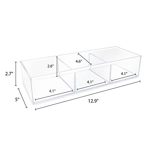 Isaac Jacobs Large 3-Compartment Acrylic Stackable Organizer (12.9" L x 5" W x 2.7" H), Multi-Sectional Tray & Storage Solution for Makeup, Craft Supplies, Bathroom, Kitchen, Office (Clear) | (12.9" L x 5" W x 2.7" H), Multi-Sectional Storage Solution for