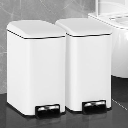Small Bathroom Trash Can with Lid, 5 Liter/1.3 Gallon Stainless Steel Small Garbage Can with Removable Inner Bucket & Soft-Close Foot Pedal, Slim Trash Can for Bathroom, Bedroom, Office (White, 2 PCS) - color: White, size: 2 Pack